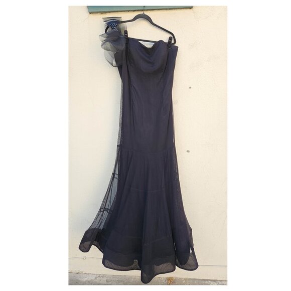 SHERRI HILL Black Tulle Trumpet Bow Sleeve Maxi Dress Gown - Picture 3 of 10